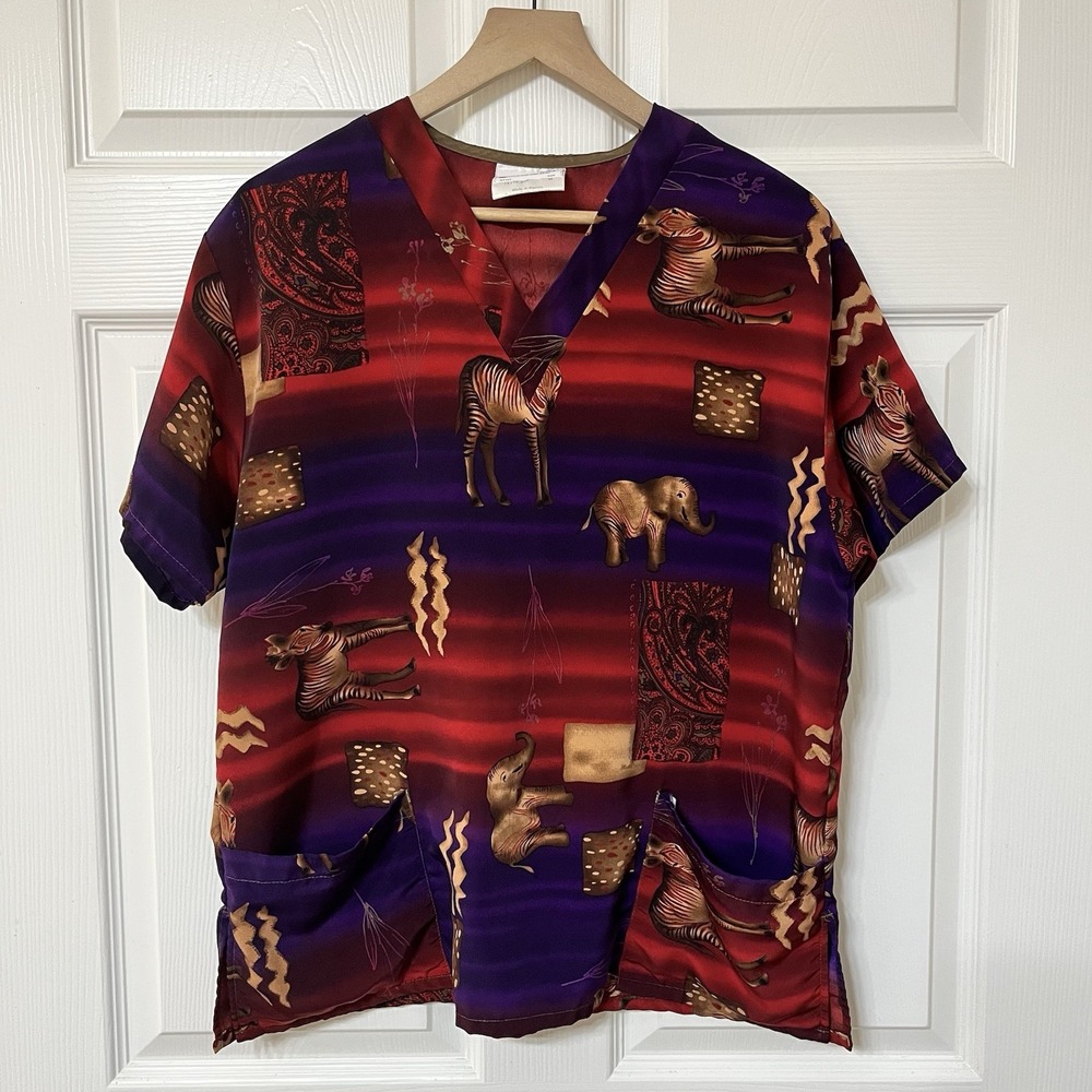 Uniform City‎ Vibrant Red Purple Safari Themed Scrub Shirt Women's M